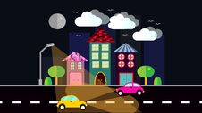 A Night City, A Small Town In Flat Style With Houses With A Sloping Tile Roof, Cars With Lights, Trees, Birds, Clouds, Moon, Road, Stock Image