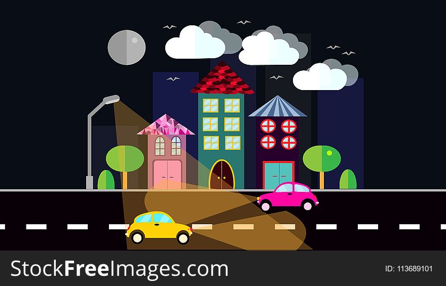 A night city, a small town in flat style with houses with a sloping tile roof, cars with lights, trees, birds, clouds, moon, road