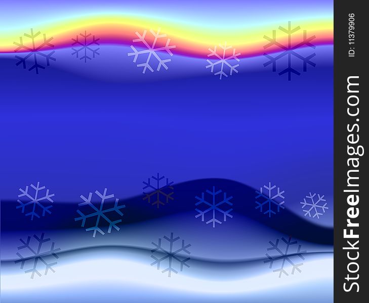 An illustrated winter background in a colorful wavy pattern & snowflakes.
