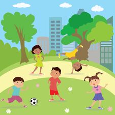 Children Playing In Park,boys And Girls Different Races Royalty Free Stock Image