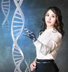 Businessman Touches DNA Chain. 3d Rendering Royalty Free Stock Images Businessman Touches DNA Chain. 3d Rendering Royalty Free Stock Images