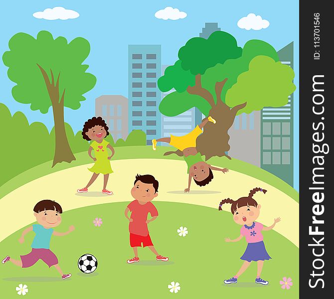 Children playing in park,boys and girls different races,cartoon vector illustration