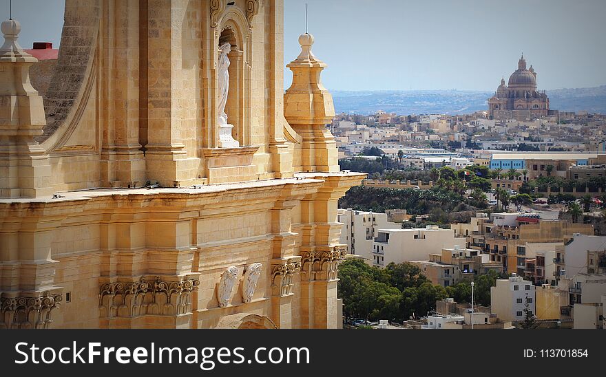 Aeriel view of city Victoria or Rabat and fragment of Gozo Cathedral , Victoria, Gozo, Malta
