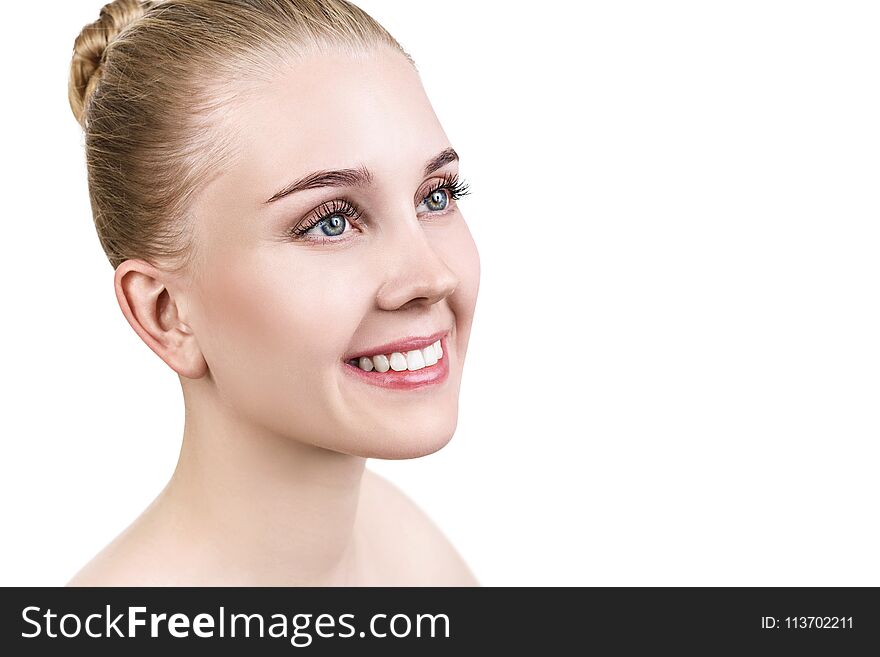 Beautiful face of young woman with perfect skin and makeup. Isolated on white. Beautiful face of young woman with perfect skin and makeup. Isolated on white.