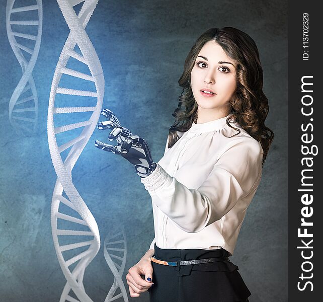 Businessman Touches DNA Chain. 3d Rendering