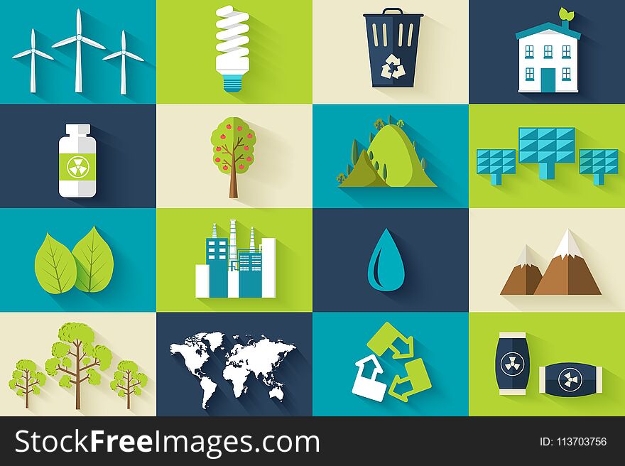 Set of ecology flat icons illustration concept. Vector eco template of element for your product or infographics design