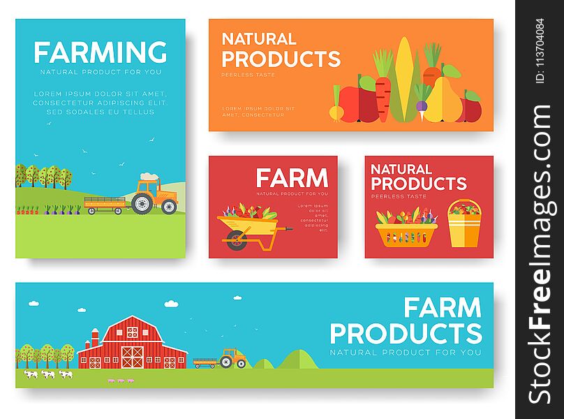 Farm information cards set. Nature template of flyear, magazines, posters, book cover, banners. Eco infographic concept