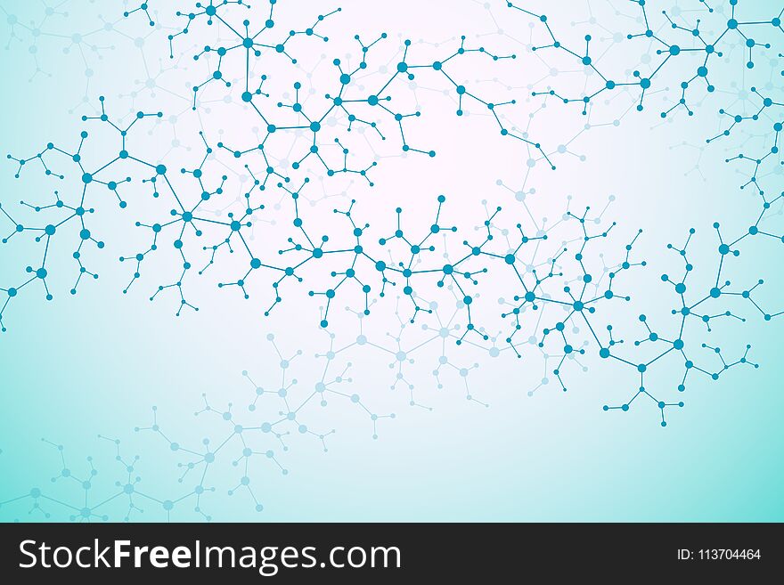 Molecular concept of neurons and nervous system. Scientific medical research. Molecule structure with particles. Science and technology background molecule for banner or flyer. Vector illustration