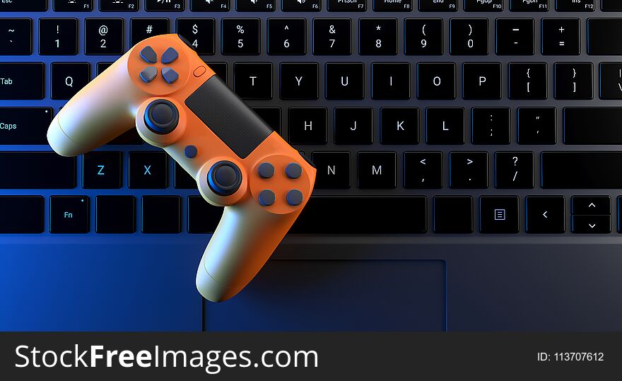 3D Rendering Of Realistic Looking Computer Keyboard Closeup With Gaming Joystick On It