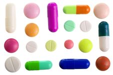Multicolor Pill Capsule Isolated On White Background. Top View. Flat Lay. Set Or Collection Stock Image