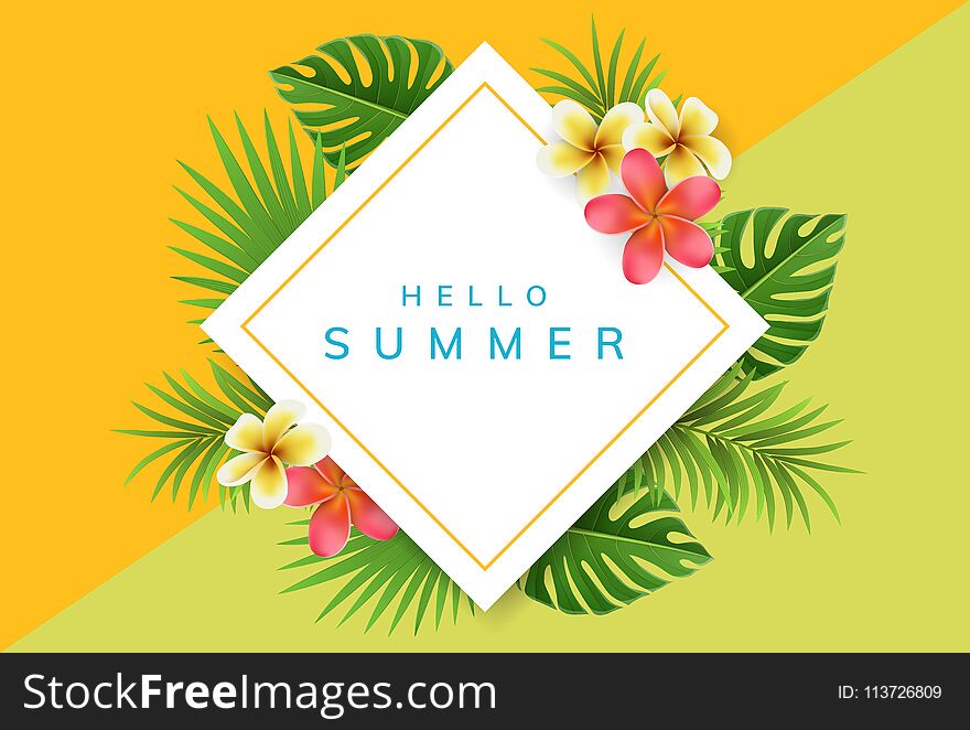 Geometric square summer frame with exotic flowers and palm leaf. Vector illustration for summer and holiday design. Geometric square summer frame with exotic flowers and palm leaf. Vector illustration for summer and holiday design