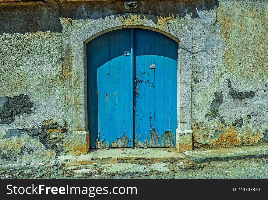 Blue, Wall, Door, Facade