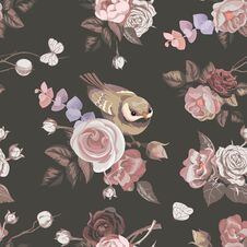 Floral Seamless Pattern With Colorfull Bunches Of Roses And Cute Little Bird On Background. Vector Illustration In Retro Stock Photos