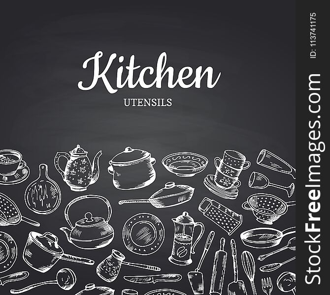 Vector background on black chalkboard illustration with kitchen utensils and place for text. Banner or vintage poster for restaurant