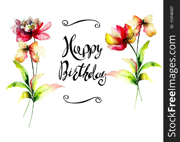 Tulips and Peony flowers with title Happy Birthday, watercolor illustration, Hand drawn lettering design