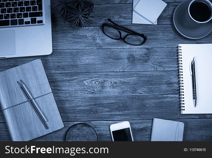 Office desk table with supplies. Top view. Copy space for text. Office desk table with supplies. Top view. Copy space for text