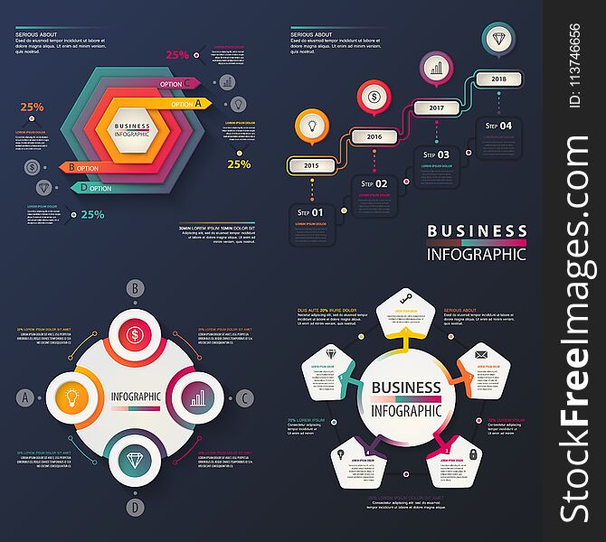 Business infographic with hexadecimal chart and round connected pieces, steps over years. Infochart with lamp and lock, envelope and diamond. Work and developing, information and marketing theme. Business infographic with hexadecimal chart and round connected pieces, steps over years. Infochart with lamp and lock, envelope and diamond. Work and developing, information and marketing theme