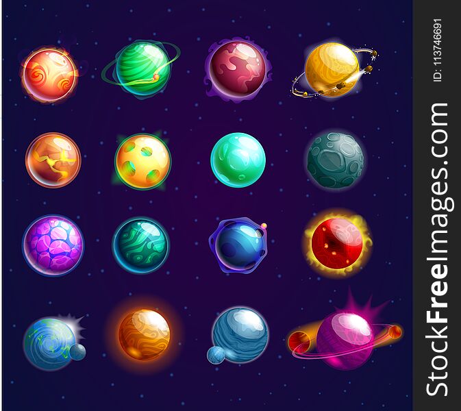 Set of isolated planets with orbits or cosmos stars, satellites as globe or sphere. Celestial cartoon orbs with craters and holes on surface. Galaxy and science, cosmos exploration and astronomy theme. Set of isolated planets with orbits or cosmos stars, satellites as globe or sphere. Celestial cartoon orbs with craters and holes on surface. Galaxy and science, cosmos exploration and astronomy theme
