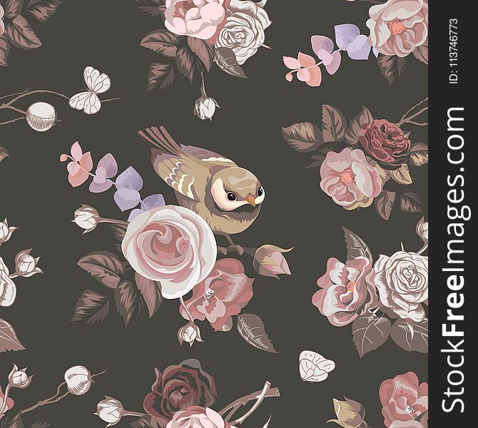 Floral Seamless Pattern With Colorfull Bunches Of Roses And Cute Little Bird On Background. Vector Illustration In Retro