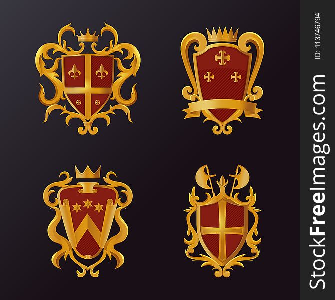 Set of isolated heraldic shields with ribbon and crown, halberd or swiss voulge, stars and crest. Victorian royal logo or old defence sign. Medieval and guarantee, guard and safety theme. Set of isolated heraldic shields with ribbon and crown, halberd or swiss voulge, stars and crest. Victorian royal logo or old defence sign. Medieval and guarantee, guard and safety theme