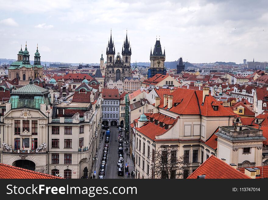 Panorama overlooking the historic center with buildings in Prague, the capital of the Czech Republic.