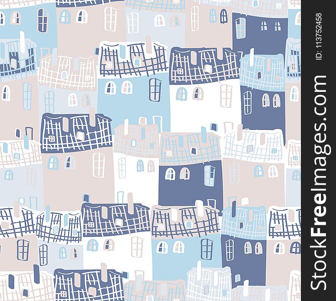 Vector seamless pattern with houses, cartoon hand drawn city background for funny design