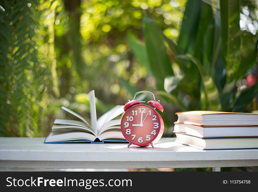 Red alarm clock with book on home nature garden