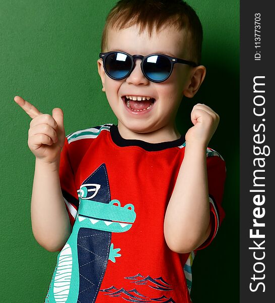 Preschool Boy Kid Standing In Sunglasses In Shorts And T-shirt Pointing Finger