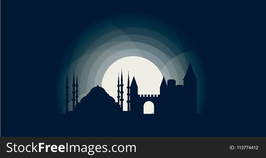 Turkey Istanbul blue night moon sunset city panorama landscape horizon buildings skyline flat icon logo. Turkey Istanbul blue night moon sunset city panorama landscape horizon buildings skyline flat icon logo