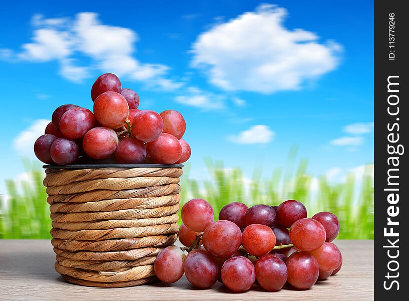 Ripe grape vine in wooden basket. Summer harvest. Gardening concept.