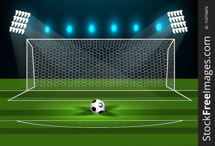 Football goal on a green field with a football. Vector