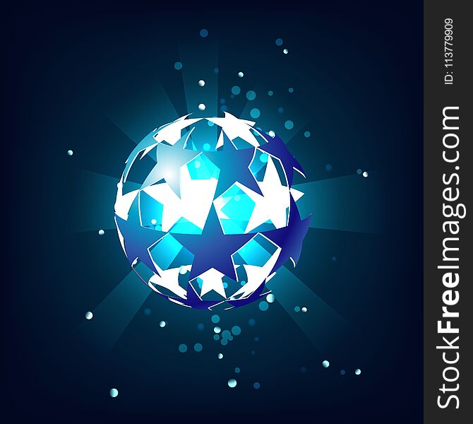 Soccer ball blue star, shining from within, with the glow on a dark blue background.