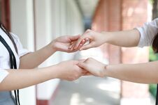 Two Girls Hand In Hand Hand Close Up Stand For Friendship Stock Photos Two Girls Hand In Hand Hand Close Up Stand For Friendship Stock Photos