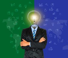 Young Businessman Have A Head As Lamp With Creativity For Success On Map Background Royalty Free Stock Photo