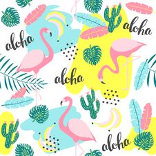 Free Tropical Seamless Pattern With Flamingo And Exotic Leaves. Stock Image - 113788671