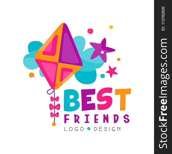 Best friends logo template with abstract toy kite, cloud and stars. Colorful vector design for mobile chat, poster of