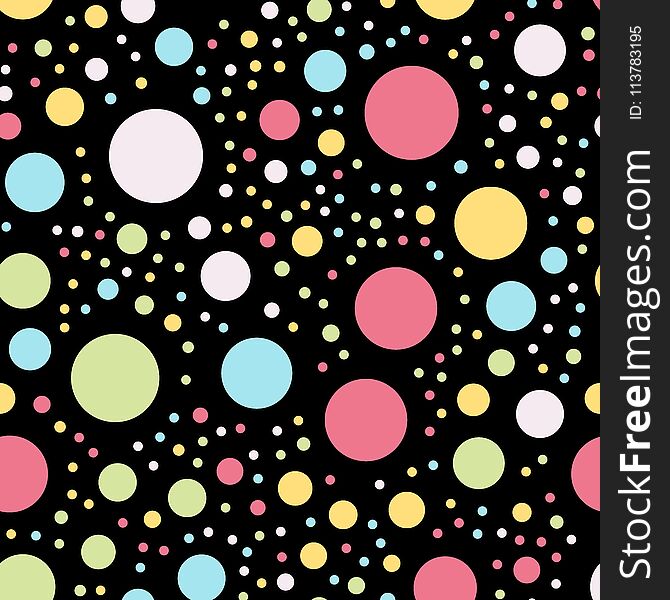 Colorful polka dots pattern on black background.