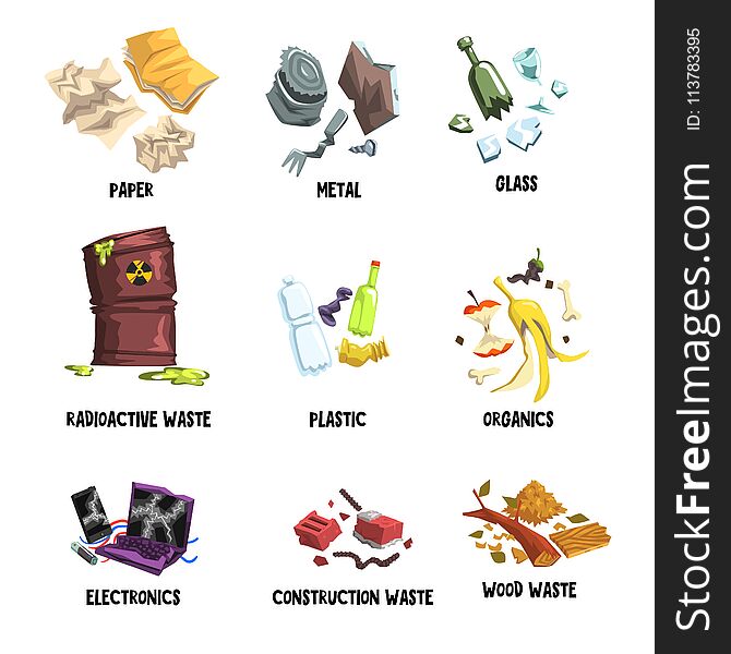 Separation Of Garbage On Paper, Metal, Glass, Radioactive Waste, Plastic, Organics, Electronics, Construction Rubbish