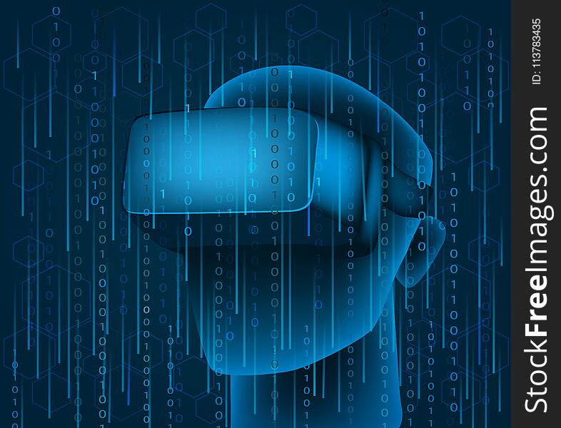 Man with vr glasses and binary code.Virtual reality concept.