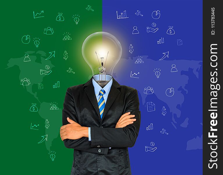 Young businessman have a head as lamp with creativity for success on map background