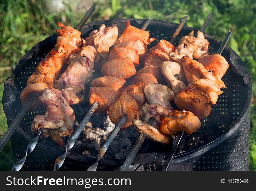 Skewers of meat.shish kebab on skewers on grill