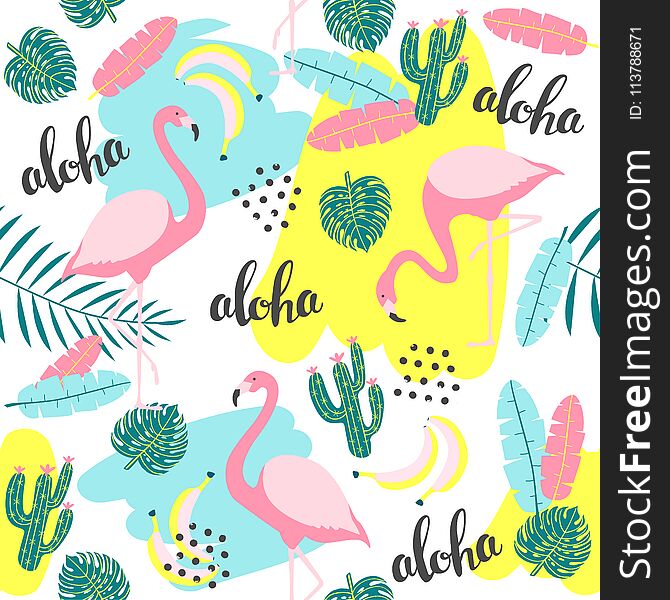 Tropical seamless pattern with flamingo and exotic leaves.