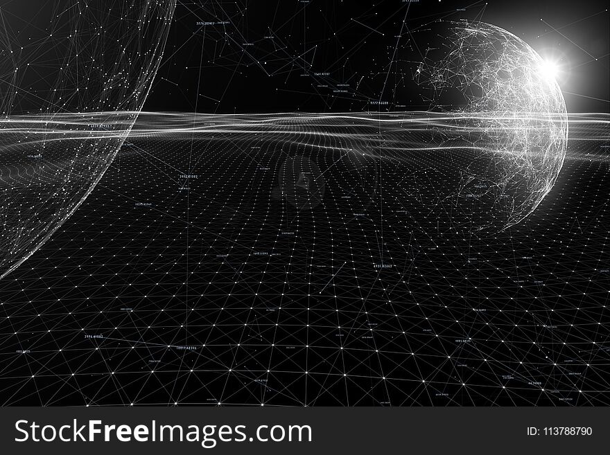 Black and white cyberspace network lines, dots and random numbers illustration background. Black and white cyberspace network lines, dots and random numbers illustration background.