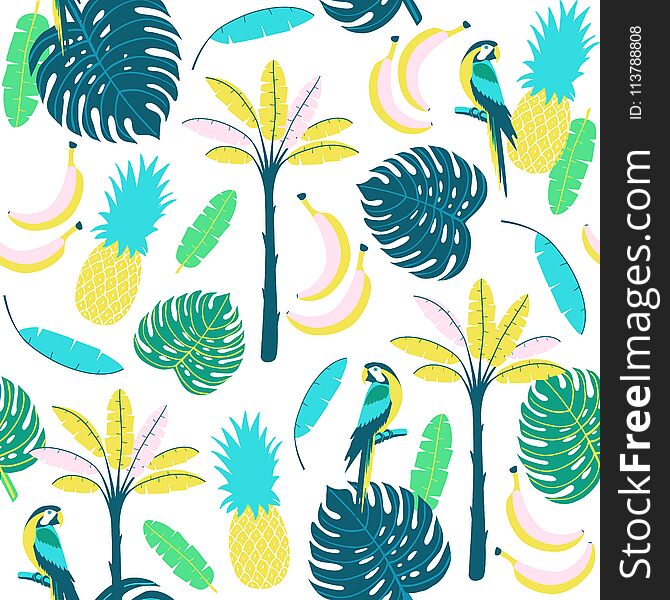 Seamless tropical pattern with palm, parrot, and palm leaves.
