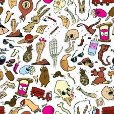 Seamless Pattern Of Random Doodles And Drawings Of Objects And Creatures Royalty Free Stock Image