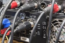 Audio Jack And Wires Connected To Audio Mixer, Music Dj Equipment At Concert, Festival, Bar. Stock Photography