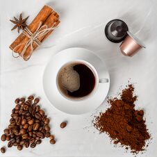 Espresso Cup, Coffee Beans, Coffee Ground, Coffee Capsule And Ci Royalty Free Stock Photography Espresso Cup, Coffee Beans, Coffee Ground, Coffee Capsule And Ci Royalty Free Stock Photography