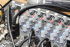 Audio Jack And Wires Connected To Audio Mixer, Music Dj Equipment At Concert, Festival, Bar. Royalty Free Stock Photos Audio Jack And Wires Connected To Audio Mixer, Music Dj Equipment At Concert, Festival, Bar. Royalty Free Stock Photos