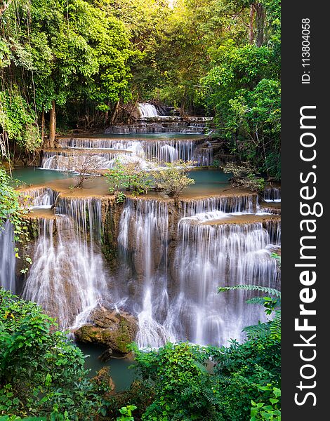 Waterfall In Thailand, Called Huay Or Huai Mae Khamin In Kanchanaburi Provience