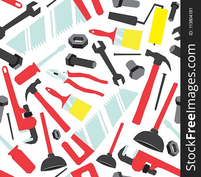 Dense seamless pattern of handyman tools like hammers, nails and wrenches isolated on a white background. Dense seamless pattern of handyman tools like hammers, nails and wrenches isolated on a white background